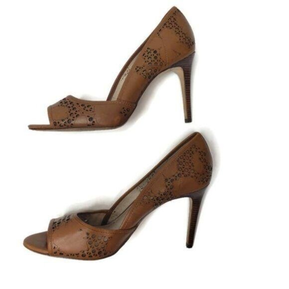 Louise Et Cie Gretel Brown cognac Leather laser Cutout Peep Toe Heels Size 10M - Picture 6 of 8